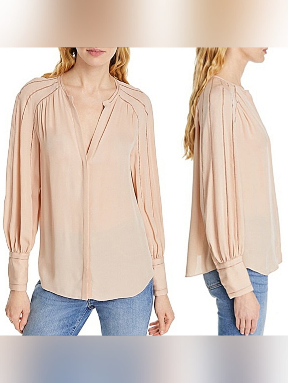 Joie ‘Aban’ Ladder Stitch Blouse Peasant Balloon Sleeve Top Pink, Women's Size S - Picture 2 of 12